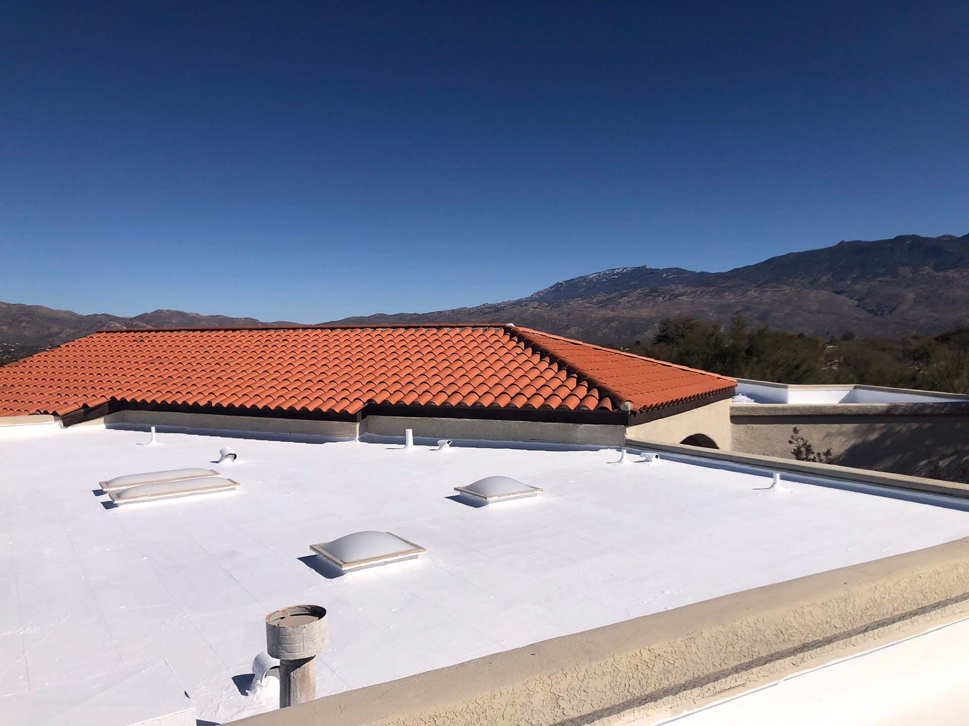 Flat white roof with multiple skylights and vents, adjacent to a building with a red tile roof, showing a well-maintained roofing surface under a clear blue sky with mountains in the background.